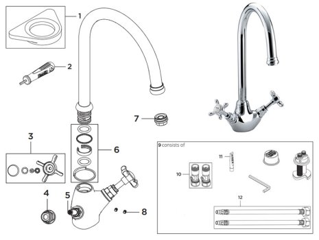 Bristan 1901 Easyfit sink mixer - chrome (N SNK EF C) spares breakdown diagram