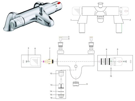 Bristan Artisan pillar bath shower mixer (AR THBSM C) spares breakdown diagram