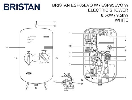 Bristan electric shower (ESP85EVO W / ESP95EVO W) spares breakdown diagram