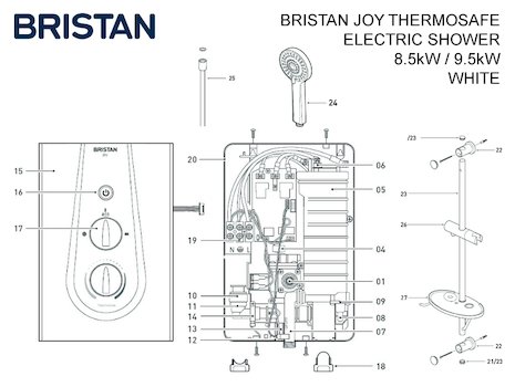 Bristan Joy ThermoSafe electric shower spares breakdown diagram