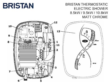 Bristan thermostatic electric shower spares breakdown diagram