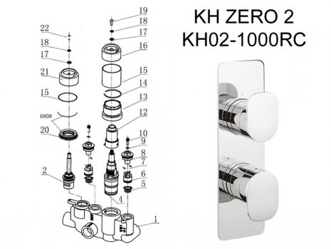 Crosswater KH ZERO 2 thermostatic shower valve post 2013 (KH02_1000RC) spares breakdown diagram