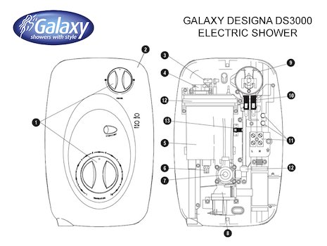 Galaxy Designa DS3000 Electric Shower (DS3000) spares breakdown diagram