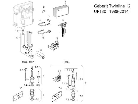 Geberit Twinline concealed cistern 12 cm (UP130, 110.800) (110.800.00.1) spares breakdown diagram