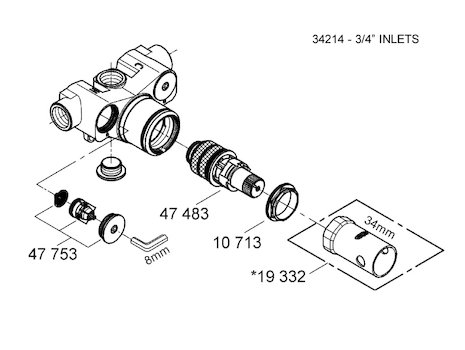 Grohe 3/4" inlets mixing valve spares (34214000) spares breakdown diagram