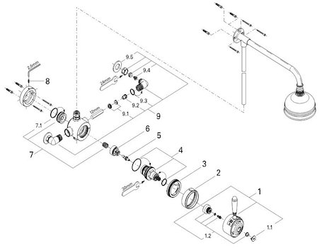 Grohe Avensys Traditional single control exposed (34044000) spares breakdown diagram