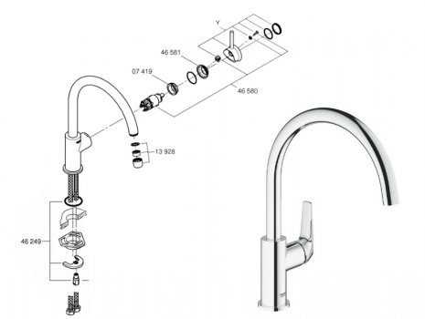 Grohe Bauflow Single Lever Sink Mixer 1/2" - Chrome (31538000) spares breakdown diagram