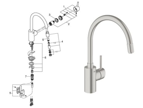 Grohe Concetto Pull Out Kitchen Tap 1/2" - Supersteel (32663DC1) spares breakdown diagram