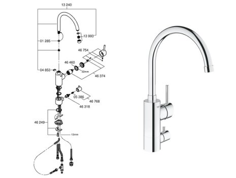 Grohe Concetto Single Lever Sink Mixer 1/2" - Chrome (32666001) spares breakdown diagram