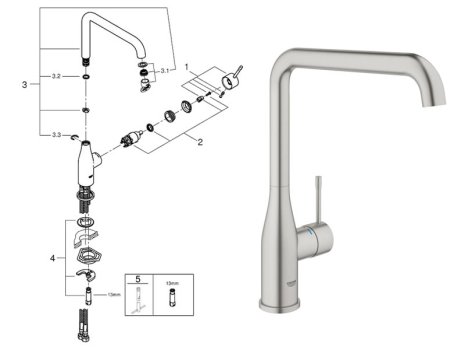 Grohe Essence Single Lever Sink Mixer 1/2" - Supersteel (30269DC0) spares breakdown diagram