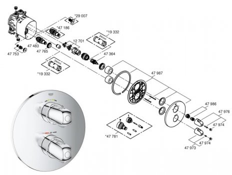 Grohe Grohtherm 1000 shower mixer with integrated 2 way diverter - chrome (19985000) spares breakdown diagram