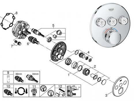 Grohe Grohtherm SmartControl with 3 valves (29121000) spares breakdown diagram