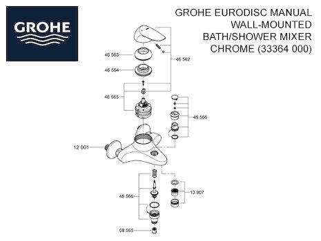 Grohe Eurodisc Manual Wall-Mounted Bath/Shower Mixer - Chrome (33364000) spares breakdown diagram