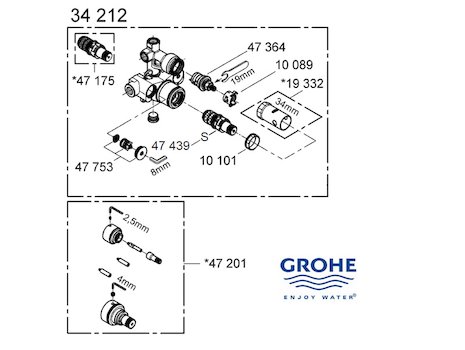 Grohe mixer valve - 34212 000 (34212000) spares breakdown diagram