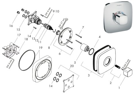 hansgrohe Ecostat E Concealed Thermostatic Mixer (15705000) spares breakdown diagram