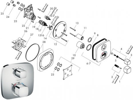 Hansgrohe Ecostat E recessed thermostatic mixer valve - square - 1 outlet (15707000) spares breakdown diagram