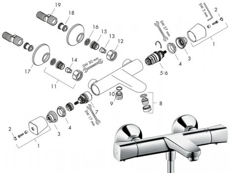 Hansgrohe Ecostat thermostatic bath/shower mixer - chrome (13123000) spares breakdown diagram