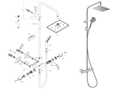 hansgrohe Vernis Shape 1jet Showerpipe 230 Bar Mixer Shower (26286000) spares breakdown diagram
