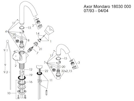 Hansgrohe Axor Mondaro mono basin mixer tall spout (18030) spares breakdown diagram