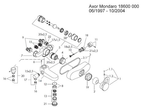 Hansgrohe Axor Mondaro shower mixer valve (18600) spares breakdown diagram