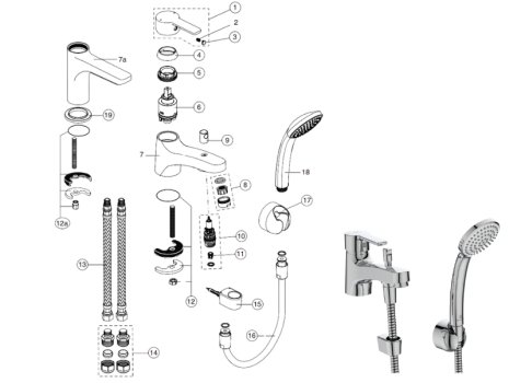 Ideal Standard Calista single lever one hole bath shower mixer (B1958AA) spares breakdown diagram