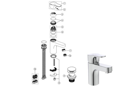 Ideal Standard Cerabase single lever basin mixer, with click waste and bluestart technology (BD054AA) spares breakdown diagram