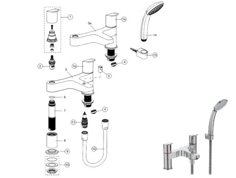 Ideal Standard Ceraflex two taphole deck mounted dual control bath shower mixer (B1823AA) spares breakdown diagram