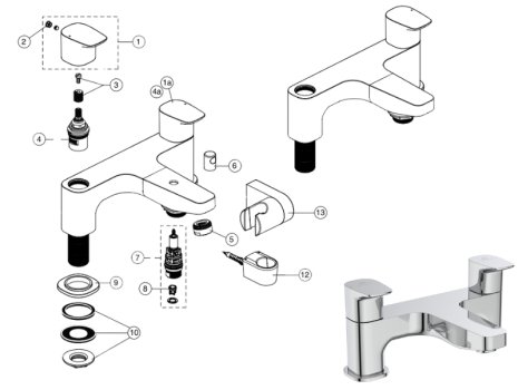 Ideal Standard Ceraplan dual control bath filler (BD264AA) spares breakdown diagram