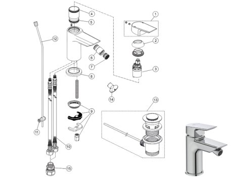 Ideal Standard Tesi single lever bidet mixer with pop-up waste (A6589AA) spares breakdown diagram