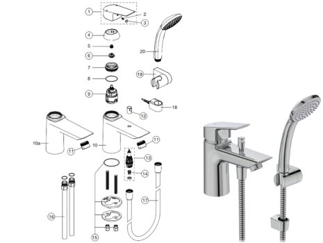 Ideal Standard Tesi single lever one hole bath shower mixer with shower set (B1957AA) spares breakdown diagram