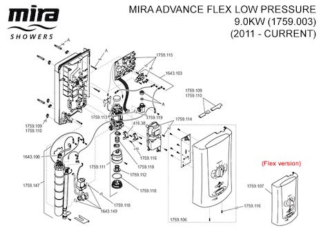Mira Advance Flex Low Pressure - 9.0kW (2011 - current) (1.1759.003) spares breakdown diagram