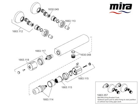 Mira Atom EV bar mixer shower - Mk 1 - (2008-2011) spares breakdown diagram