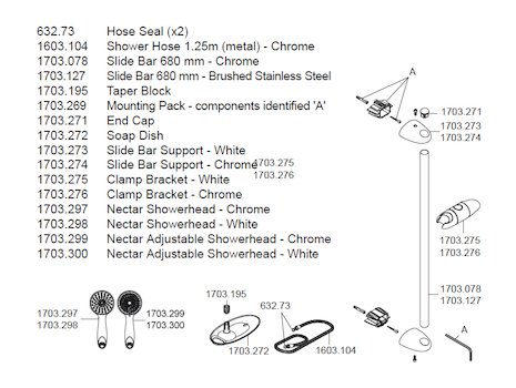 Mira Nectar Slide Rail Kit/Shower Rail Set - White/Chrome (2.1703.007) spares breakdown diagram