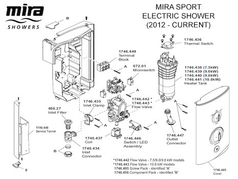 Mira Sport Electric Shower 9.0kW - White/Chrome (1.1746.002) spares breakdown diagram
