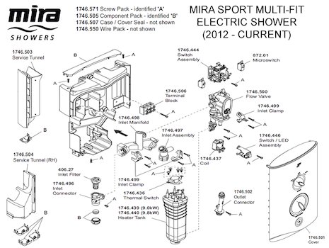 Mira Sport Multi-Fit Electric Shower 9.0kW - White/Chrome (1.1746.009) spares breakdown diagram