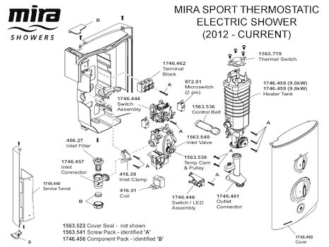 Mira Sport Thermostatic Electric Shower 9.0kW - White/Chrome (1.1746.005) spares breakdown diagram