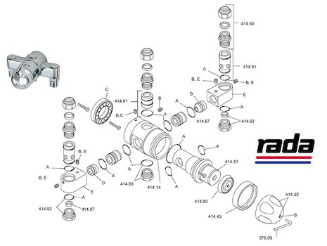 Rada 320C Group blending valve multi outlet (414.01) spares breakdown diagram
