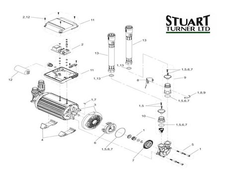 Stuart Turner Monsoon 1.5 bar twin shower pump (46506) spares breakdown diagram