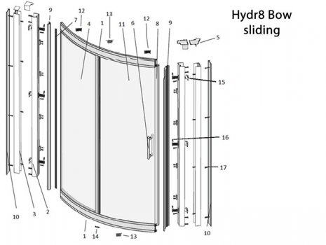 Twyford Hydr8 bow sliding door (H88501CP) spares breakdown diagram