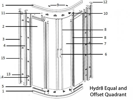 Twyford Hydr8 equal and offset Quadrant door spares spares breakdown diagram