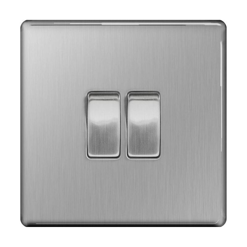 BG 2 Gang 2 Way Plate Switch Screwless Flatplate Brushed Steel 