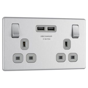 BG 13A 2 Gang Switched Socket With USB - Screwless Flatplate - Brushed Steel (FBS22U3G-01) - main image 1