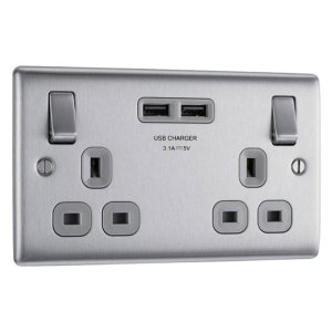 BG 13A Double Socket with 2X USB - Brushed Steel (NBS22U3G-01) - main image 1
