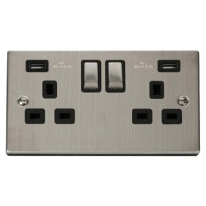 Deco 2 Gang Double Switched Socket with 2x USB - Black / Satin Chrome (VPSC580BK) - main image 1