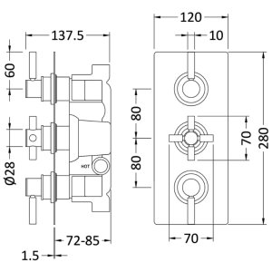 Hudson Reed Tec Pura Plus Triple Concealed Thermostatic Shower Mixer Valve Only - Chrome (A3003) - main image 2