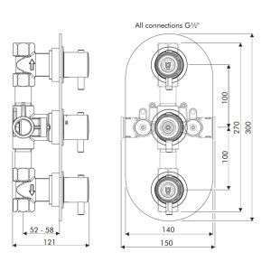 Inta Kiko Concealed Dual Outlet 3 Handle Thermostatic Shower Valve Only - Chrome (KK70010CP) - main image 2