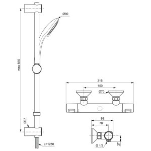 Ideal Standard  Ceratherm T25 exposed thermostatic shower mixer pack with idealrain S3 3 function ø (A7205AA) - main image 3