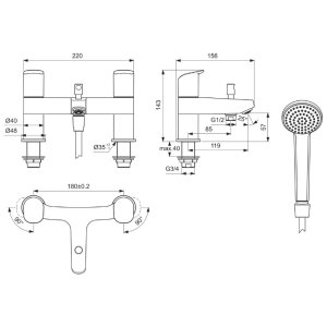 Ideal Standard Ceraflex two taphole deck mounted dual control bath shower mixer (B1823AA) - main image 4
