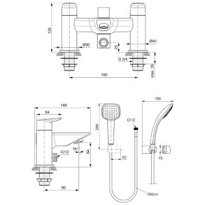 Ideal Standard Tesi two hole dual control bath shower mixer with shower set (A6591AA) - main image 4