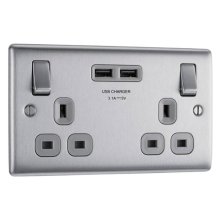 BG 13A Double Socket with 2X USB - Brushed Steel (NBS22U3G-01)